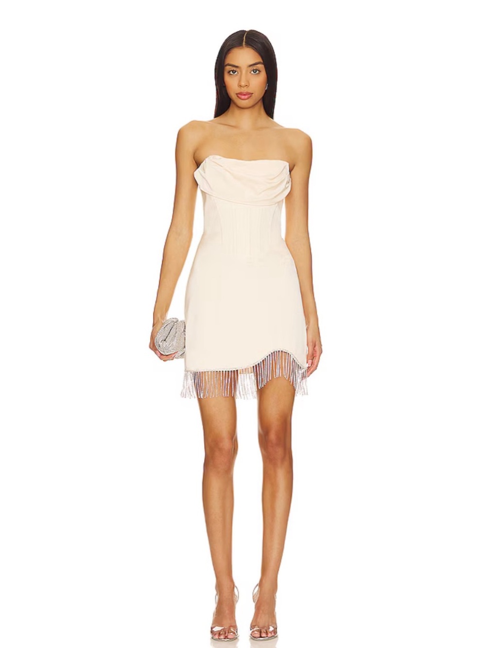 NBD Revolve Chantria Cream Rhinestone Fringe Corset Strapless Mini Dress XS NWT